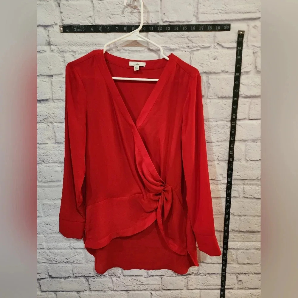 Halston semi sheer red, long-sleeved wrap blouse V-neck with tie detail Small